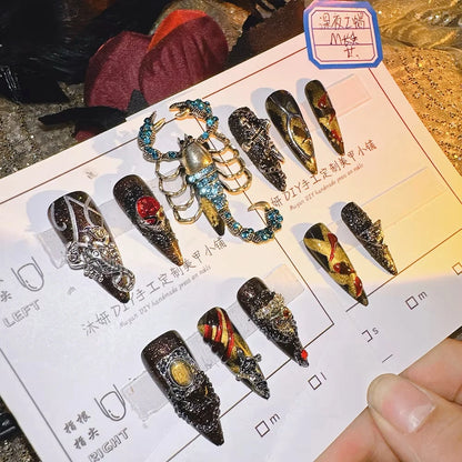 10Pcs High Quality Handmade Press on Nails Extra longue Dragon Magique Heavy Work Power Game Goth Noir Niche Hottie Personnalité