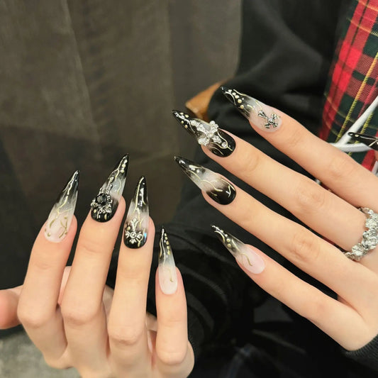 10pcs Y2k Long Stiletto False Nail Tips Gradient Black Metal Heart Cross Decor Handmade Press On Nails Sweet Cool DIY Manicure
