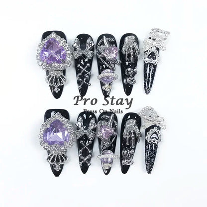10pcs Dark black Y2k Hot Girl Handmade Press On Nails Sweet Cool  With Diamond Metal Decoration Wearable Artificial False Nail