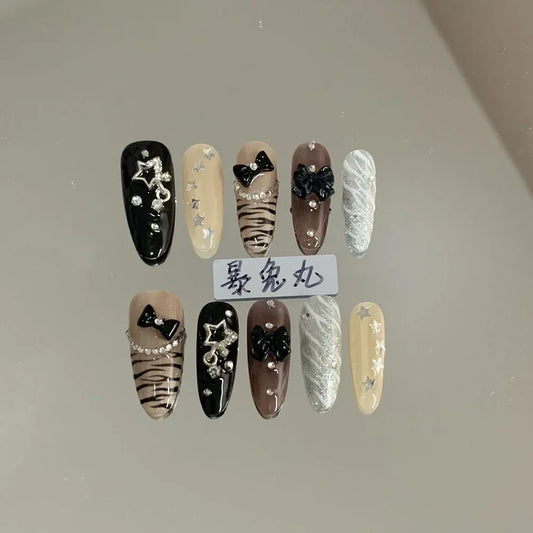 3D Punk Metal Gothic Press On Nail Art Hello Kitty Stiletto Black White Simple Camellia Design Rhinestone Nails Sticker Girls