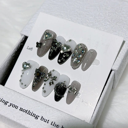 10Pcs Black Almond Handmade Press on Nails Butterfly Fake Nails Wearable Stick-on Nails Rose False Nail Uñas Postizas Uñas 네일팁