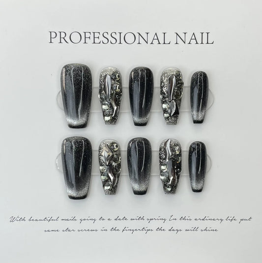 10Pcs Black Fake Handmade Nails with Rhinestone Y2K Cat's Eye French Full Cover Nail Art Tips Short Ballet Press on False Nails