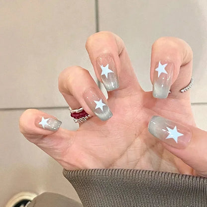 Fake Nails Square Head Cat's Eye French Nail Glitter Powder Press on Nails Waterproof Faux Fingernails False Nails