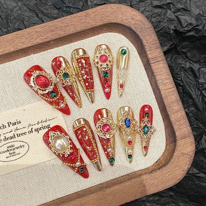 10Pcs High Quality Handmade Press on Nails Suppressing Demons Color Collision Heavy Industry Golden 3D Cross Luxurious Dark Real