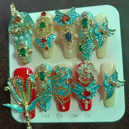 10Pcs High Quality Handmade Press on Nails Suppressing Demons Color Collision Heavy Industry Golden 3D Cross Luxurious Dark Real