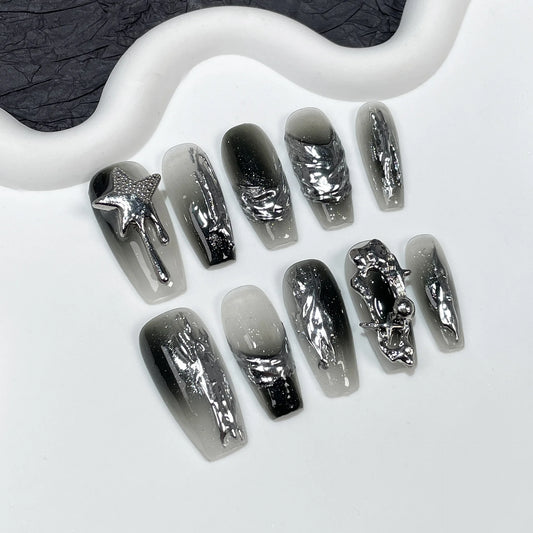 Handmade Punk Press on Nails Black Chain Tassel Fake Nails with Designs Glitter Diamond Bowknot Butterfly Girls Y2K False Nails