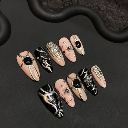 10pcs Handmade Black Irregular Mirror Powder Fake Nails Sweet Cool Spicy Girl False Nails Wearable Almond Press on Nails