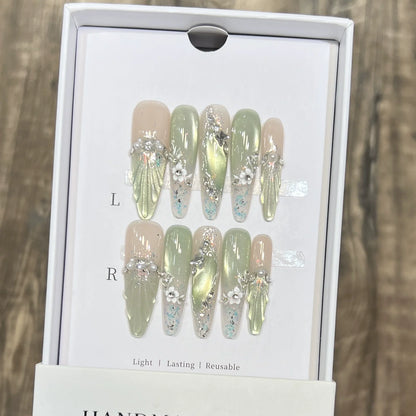 10pc detachable stiletto almond dark cool y2k press on nails ballet Black chain handmade full cover fake nail with glue Nail Art