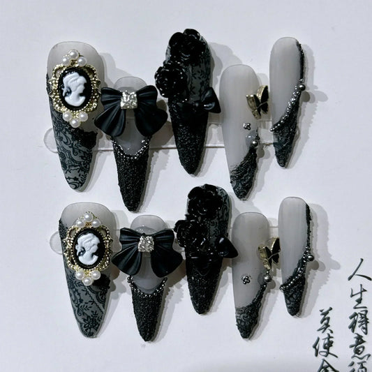 10pc detachable stiletto almond dark cool y2k press on nails ballet Black chain handmade full cover fake nail with glue Nail Art