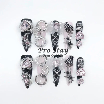 10pcs Dark black Y2k Hot Girl Handmade Press On Nails Sweet Cool  With Diamond Metal Decoration Wearable Artificial False Nail