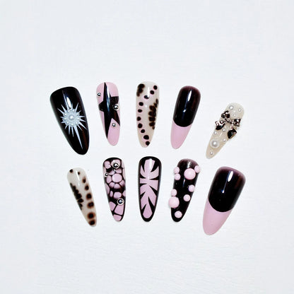 10pcs Sweet Cool Pink Black Press on Nails Handmade Leopard Print Fake Nails for Women Wearable European Gothic Punk False Nails