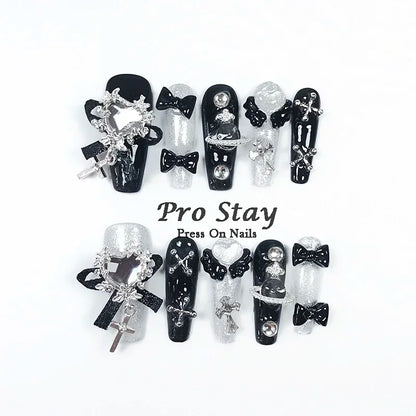 10pcs Dark black Y2k Hot Girl Handmade Press On Nails Sweet Cool  With Diamond Metal Decoration Wearable Artificial False Nail