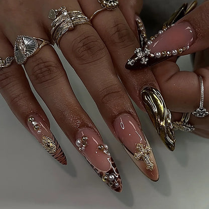 24pcs Long Almond Fake Nails Gothic Dark Black Style Press on Nails Full Cover Wearable European Heavy Metal False Nail Tips