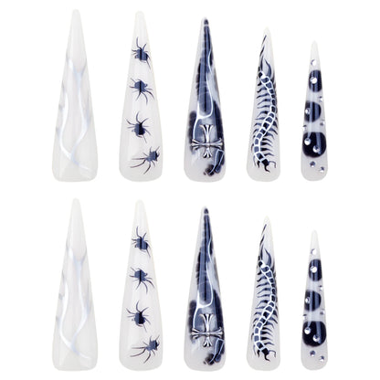 24pcs Spicy Girl Press on Nails Y2k Sliver Flame Black Spider Long Pointed False Nails European Crocodile Pattern Fake Nail Tips