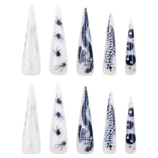 24pcs Spicy Girl Press on Nails Y2k Sliver Flame Black Spider Long Pointed False Nails European Crocodile Pattern Fake Nail Tips