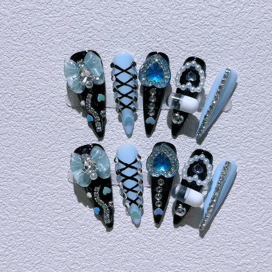 Long Stiletto Press on Fake Nails Blue Heart Diamond Bow Decoration False Nail Y2K Fashion Artificial Nail Handmade Acrylic Nail