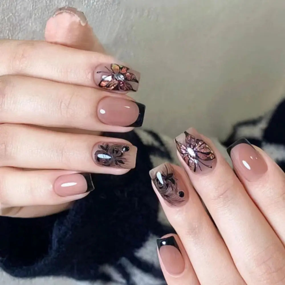 Fake Nails Square Head Cat's Eye French Nail Glitter Powder Press on Nails Waterproof Faux Fingernails False Nails