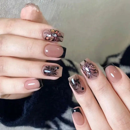 Fake Nails Square Head Cat's Eye French Nail Glitter Powder Press on Nails Waterproof Faux Fingernails False Nails