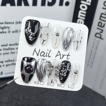 10Pcs Black Almond Handmade Press on Nails Butterfly Fake Nails Wearable Stick-on Nails Rose False Nail Uñas Postizas Uñas 네일팁