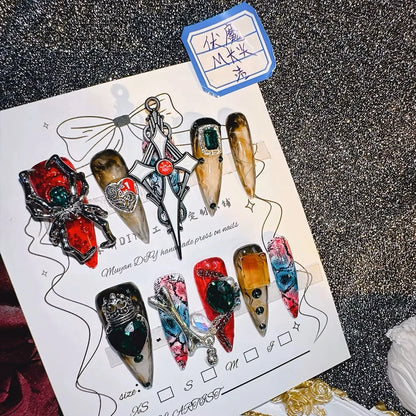 10Pcs High Quality Handmade Press on Nails Suppressing Demons Color Collision Heavy Industry Golden 3D Cross Luxurious Dark Real