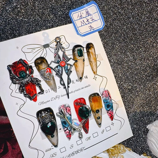 10Pcs High Quality Handmade Press on Nails Suppressing Demons Color Collision Heavy Industry Golden 3D Cross Luxurious Dark Real