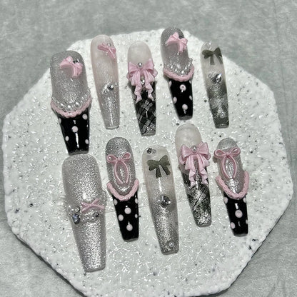 10PCS Y2K Black Pink French Handmade Press On Nails Cute Lace Ribbon Polka Dot Bow Long Nail Art Sweet Edgy Glitter Fake Nails
