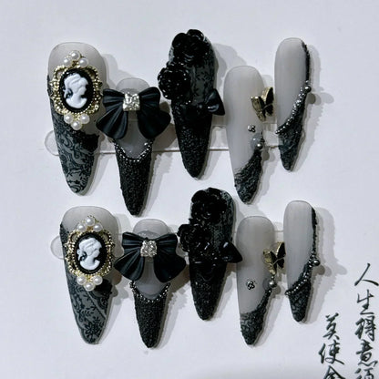 10pc detachable stiletto almond dark cool y2k press on nails ballet Black chain handmade full cover fake nail with glue Nail Art