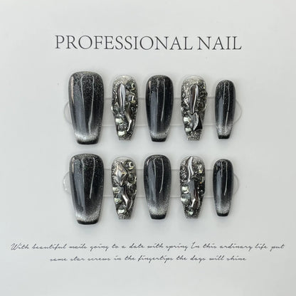 10Pcs Black Fake Handmade Nails with Rhinestone Y2K Cat's Eye French Full Cover Nail Art Tips Short Ballet Press on False Nails