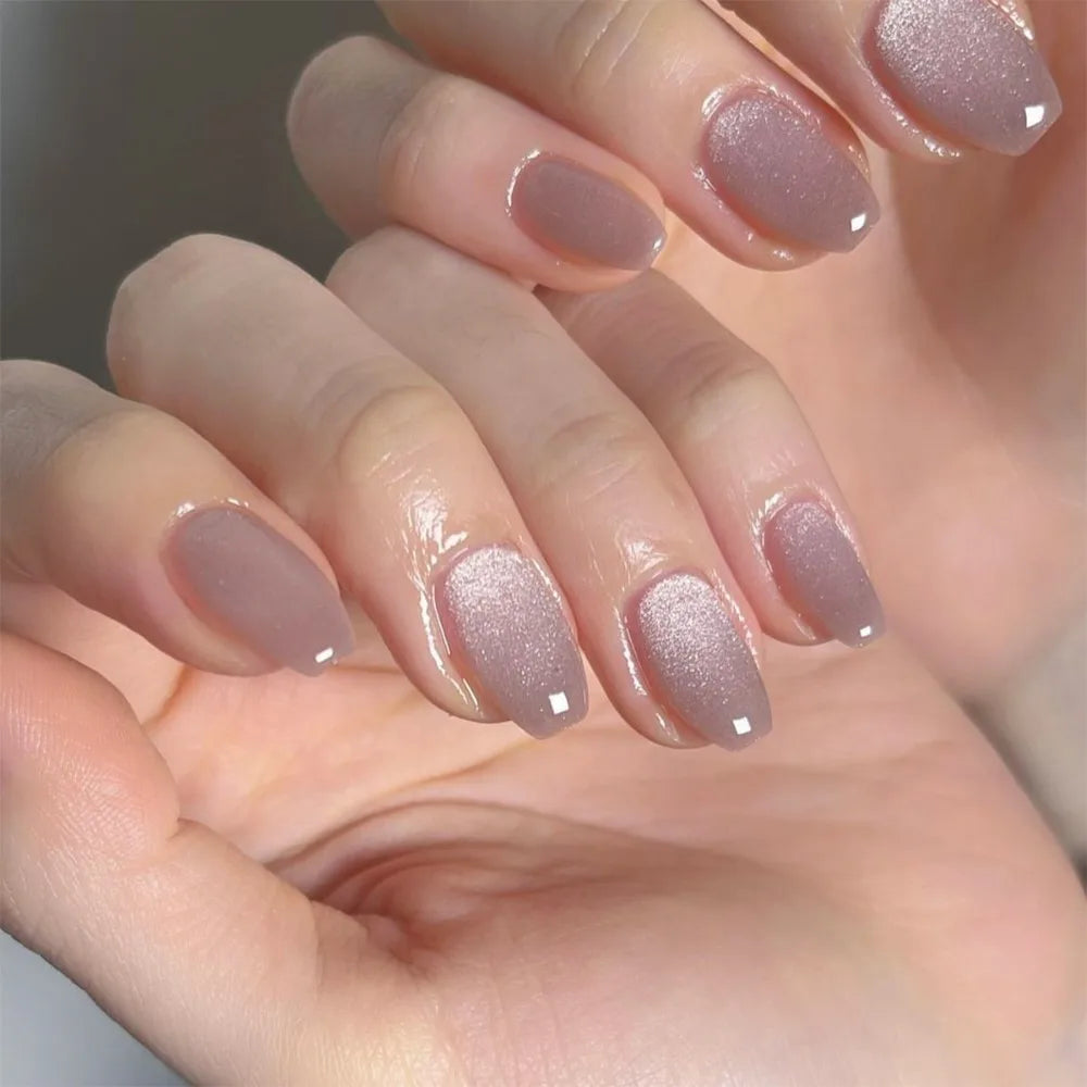 Fake Nails Square Head Cat's Eye French Nail Glitter Powder Press on Nails Waterproof Faux Fingernails False Nails