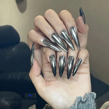 24pcs Long Pointed Fake Nail Patches Glossy Dark Black Cool Wearable Press ON Nails Solid Color Full Cover Artificial False Nail