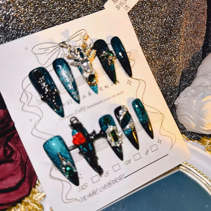 10Pcs High Quality Handmade Press on Nails Extra longue Dragon Magique Heavy Work Power Game Goth Noir Niche Hottie Personnalité