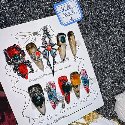 10Pcs High Quality Handmade Press on Nails Suppressing Demons Color Collision Heavy Industry Golden 3D Cross Luxurious Dark Real