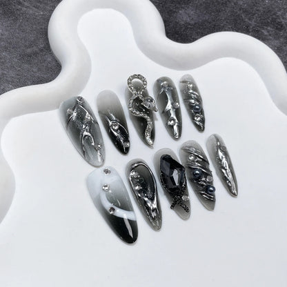 10Pcs Black Almond Handmade Press on Nails Butterfly Fake Nails Wearable Stick-on Nails Rose False Nail Uñas Postizas Uñas 네일팁