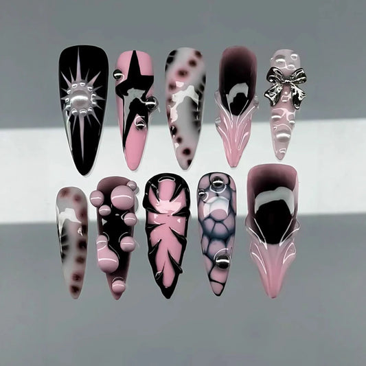 10pcs Sweet Cool Pink Black Press on Nails Handmade Leopard Print Fake Nails for Women Wearable European Gothic Punk False Nails