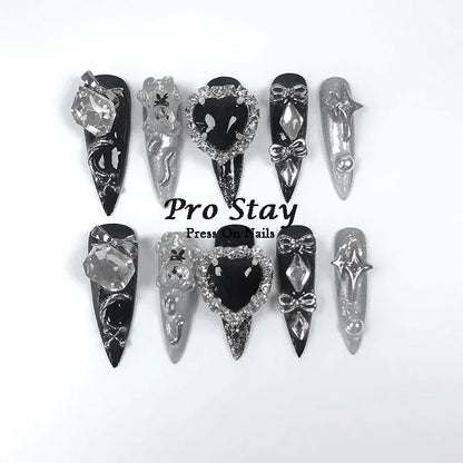 10pcs Dark black Y2k Hot Girl Handmade Press On Nails Sweet Cool  With Diamond Metal Decoration Wearable Artificial False Nail