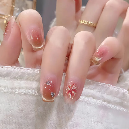 Fake Nails Square Head Cat's Eye French Nail Glitter Powder Press on Nails Waterproof Faux Fingernails False Nails