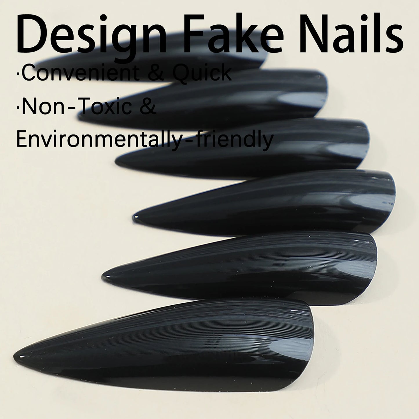 24pcs Long Pointed Fake Nail Patches Glossy Dark Black Cool Wearable Press ON Nails Solid Color Full Cover Artificial False Nail