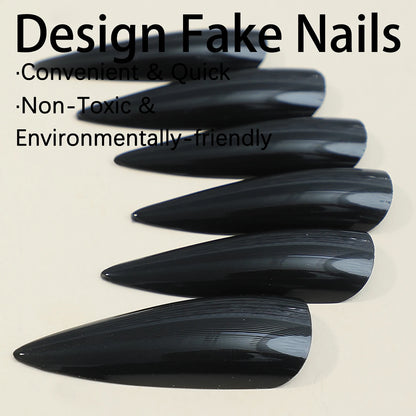 24pcs Long Pointed Fake Nail Patches Glossy Dark Black Cool Wearable Press ON Nails Solid Color Full Cover Artificial False Nail