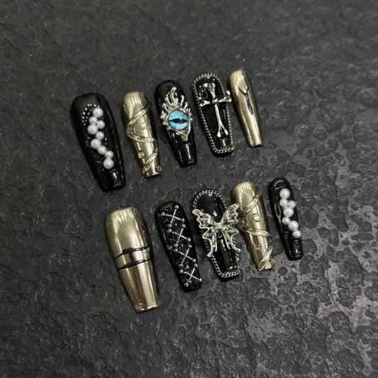 10pcs Punk Style Handmade Fake Nails Y2k Black Sliver Metal Chain Decors Press On Nails Medium Coffin Detachable Manicure Art