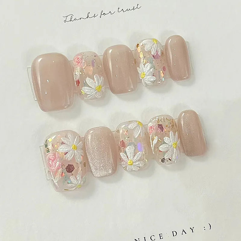 Fake Nails Square Head Cat's Eye French Nail Glitter Powder Press on Nails Waterproof Faux Fingernails False Nails