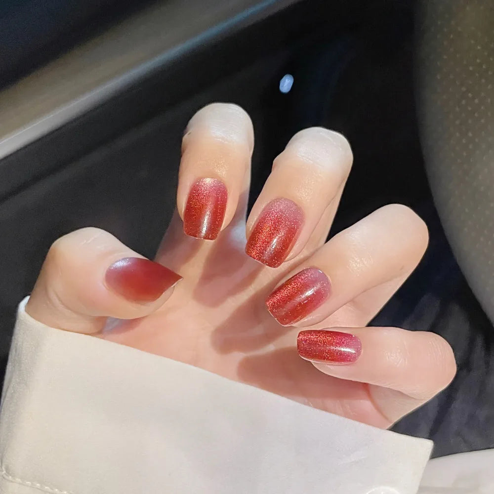 Fake Nails Square Head Cat's Eye French Nail Glitter Powder Press on Nails Waterproof Faux Fingernails False Nails