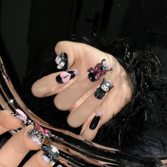 10pcs Y2k Handmade Press On Nails Purple French Style Black Mid-length T False Nails 3D Heart Cartoon Metal Chain Decor Manicure