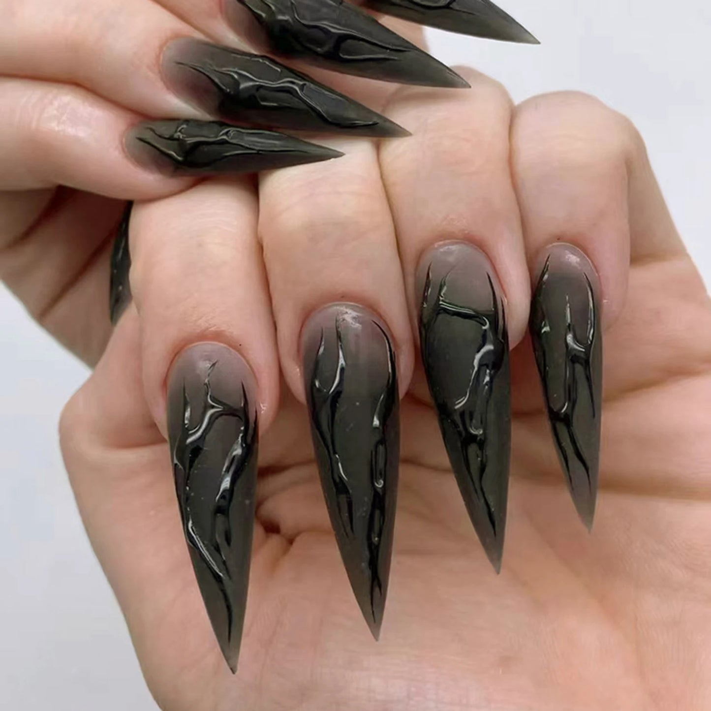 24pcs Long Pointed Fake Nail Patches Glossy Dark Black Cool Wearable Press ON Nails Solid Color Full Cover Artificial False Nail