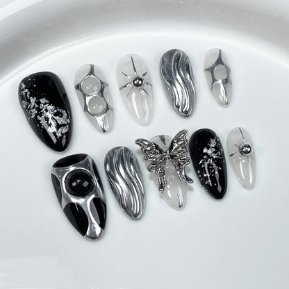 10Pcs Black Almond Handmade Press on Nails Butterfly Fake Nails Wearable Stick-on Nails Rose False Nail Uñas Postizas Uñas 네일팁