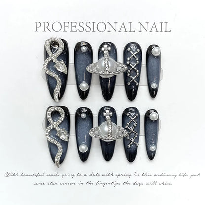 10pcs Dark black Y2k Hot Girl Handmade Press On Nails Sweet Cool  With Diamond Metal Decoration Wearable Artificial False Nail