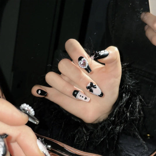 10pcs Handmade Pink Black Heart False Nails With 3D Bows Decor Y2k Press On Nails Long Ballerina Coffin Fake Nails For Hot Girl