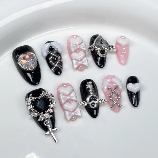 10Pcs Black Almond Handmade Press on Nails Butterfly Fake Nails Wearable Stick-on Nails Rose False Nail Uñas Postizas Uñas 네일팁