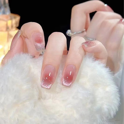 Fake Nails Square Head Cat's Eye French Nail Glitter Powder Press on Nails Waterproof Faux Fingernails False Nails