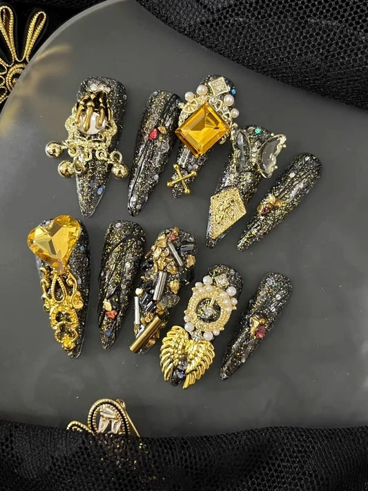 10Pcs High Quality Handmade Press on Nails Extra longue Dragon Magique Heavy Work Power Game Goth Noir Niche Hottie Personnalité