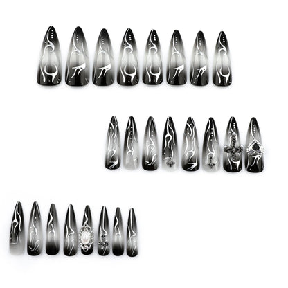 24pcs Long Almond Fake Nails Gothic Dark Black Style Press on Nails Full Cover Wearable European Heavy Metal False Nail Tips